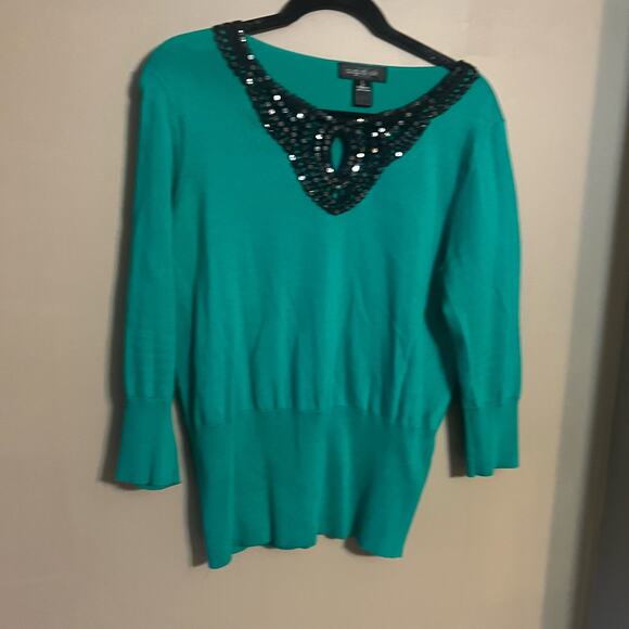 August Silk Women's Green Knit Sweater, Black Sequin Collar & 3/4 Sleeves, Large - Picture 3 of 12
